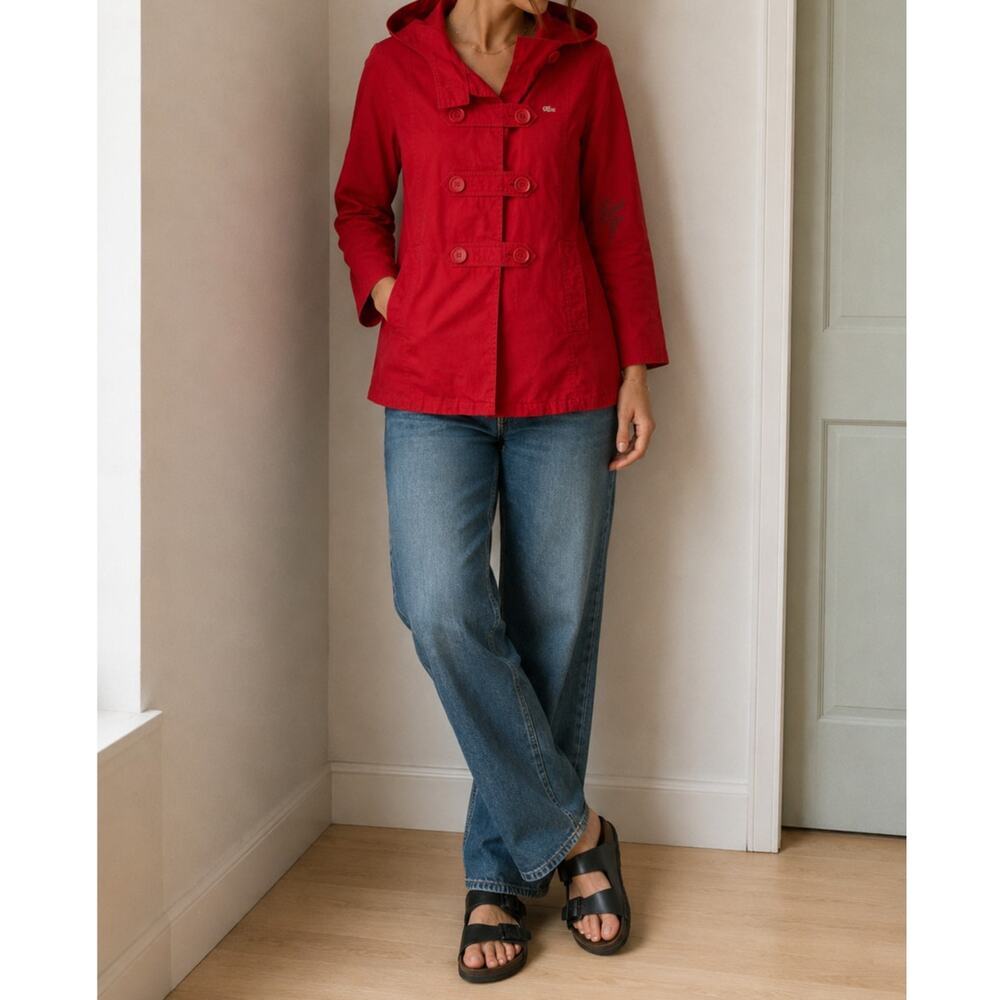 Vtg y2k Lacoste Women's Red Hooded Wind Breaker Jacket Pea Coat Sz-38-Small/Med